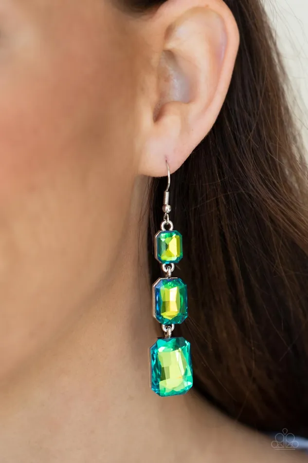 Earrings Paparazzi Accessories Cosmic Red Carpet Green UV Shimmer Gem Earrings Paparazzi
