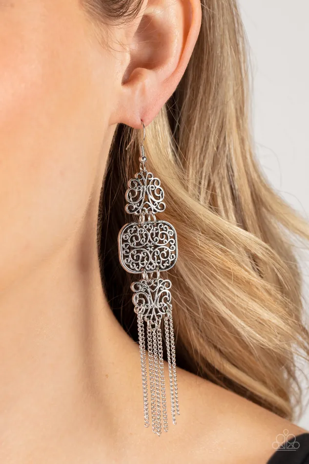 Earrings Paparazzi Accessories Eastern Elegance Silver Fringe Earrings Paparazzi