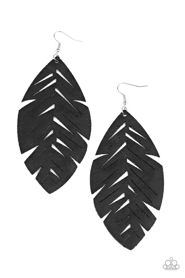 Earrings Paparazzi Accessories I Want To Fly Black Leather Feather Earrings Paparazzi