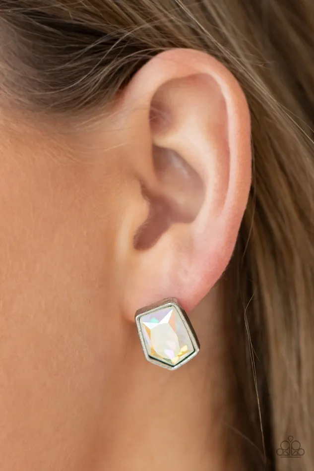 Earrings Paparazzi Accessories Indulge Me Multi Iridescent Gem Silver Frame Post Earrings Paparazzi
