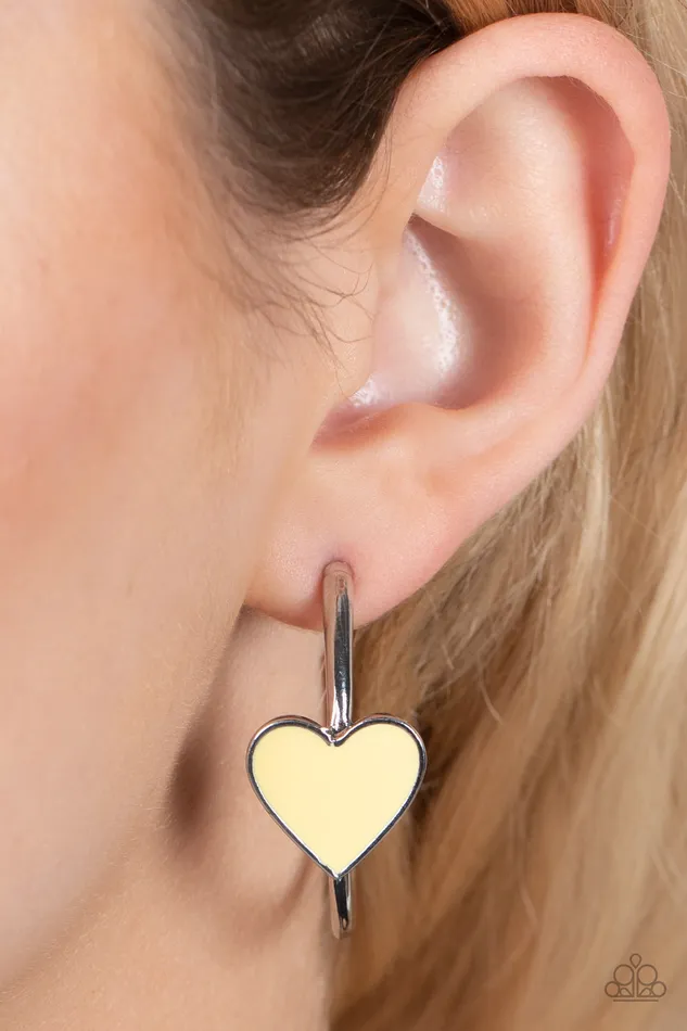 Earrings Paparazzi Accessories Kiss Up Yellow Heart Silver Hoop Earrings Paparazzi
