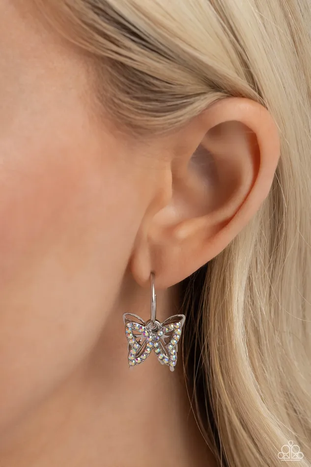 Earrings Paparazzi Accessories Lyrical Layers Multi Iridescent Rhinestone Silver Butterfly Tiny Hoop Earrings Paparazzi