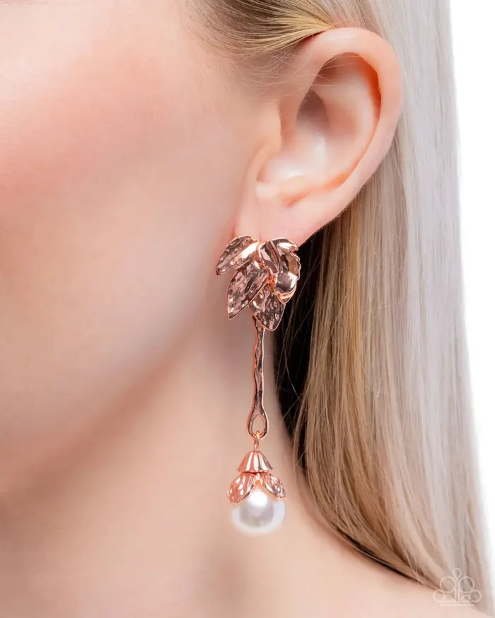 Earrings Paparazzi Accessories Nod to the Classics Copper Shiny White Pearl Post Earrings Paparazzi