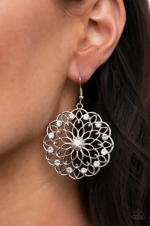 Earrings Paparazzi Accessories Posy Proposal White Rhinestone Silver Earrings Paparazzi