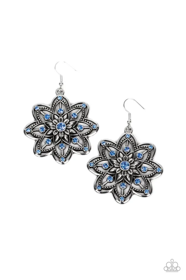 Earrings Paparazzi Accessories Prismatic Perennial Blue Rhinestone Silver Floral Earrings Paparazzi