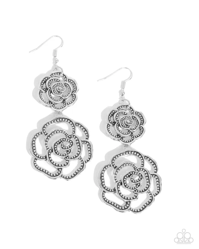 Earrings Paparazzi Accessories Reminiscent Rosette Silver Rose Floral Earrings Paparazzi