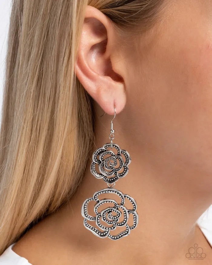 Earrings Paparazzi Accessories Reminiscent Rosette Silver Rose Floral Earrings Paparazzi