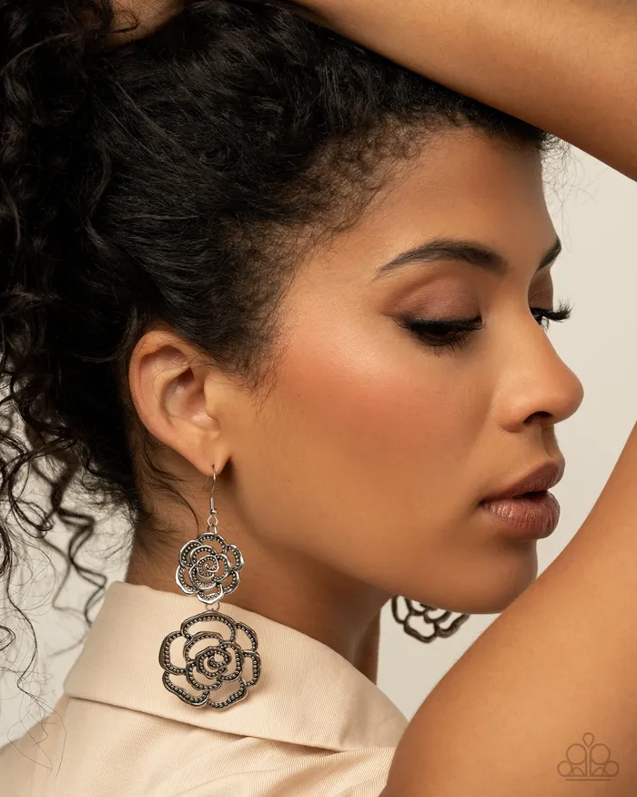 Earrings Paparazzi Accessories Reminiscent Rosette Silver Rose Floral Earrings Paparazzi