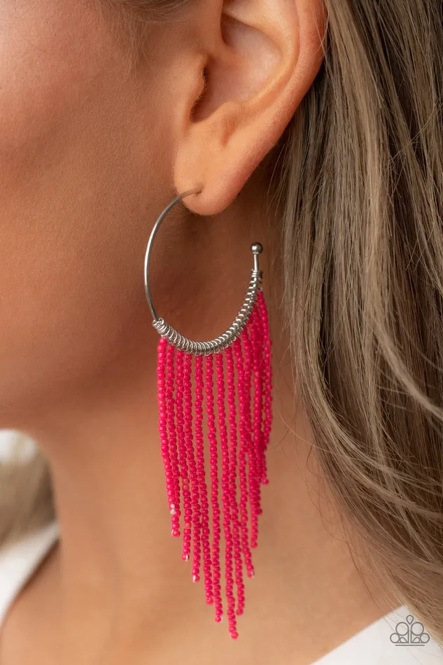 Earrings Paparazzi Accessories Saguaro Breeze Pink Seed Bead Silver Hoop Earrings Paparazzi