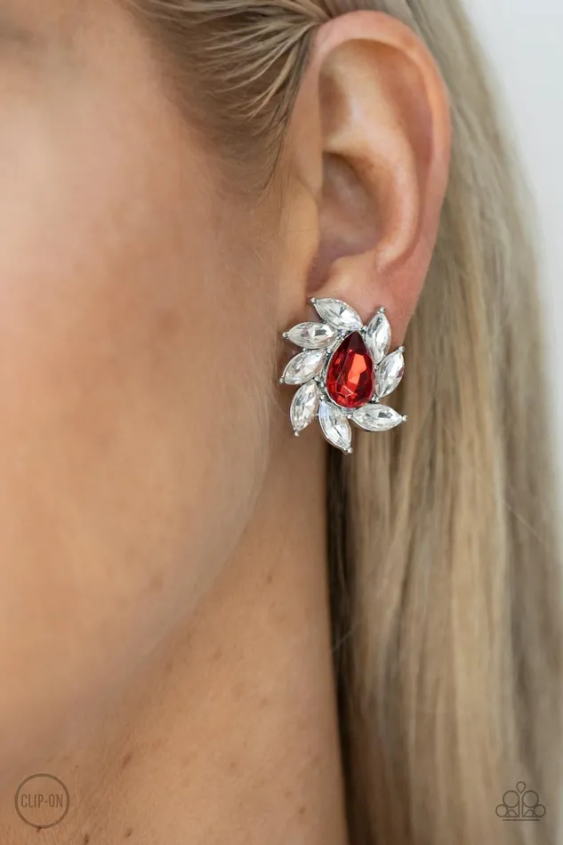 Earrings Paparazzi Accessories Sophisticated Swirl Red Gem White Rhinestone Silver ClipOn Earrings Paparazzi