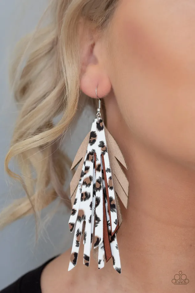 Earrings Paparazzi Accessories Untamable Paparazzi Brown Suede Cheetah Pattern Leather Feather Earrings