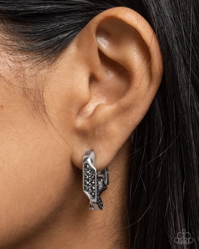 Earrings Paparazzi Accessories Warped Welcome Silver Hematite Rhinestone Hinge Hoop Earrings Paparazzi