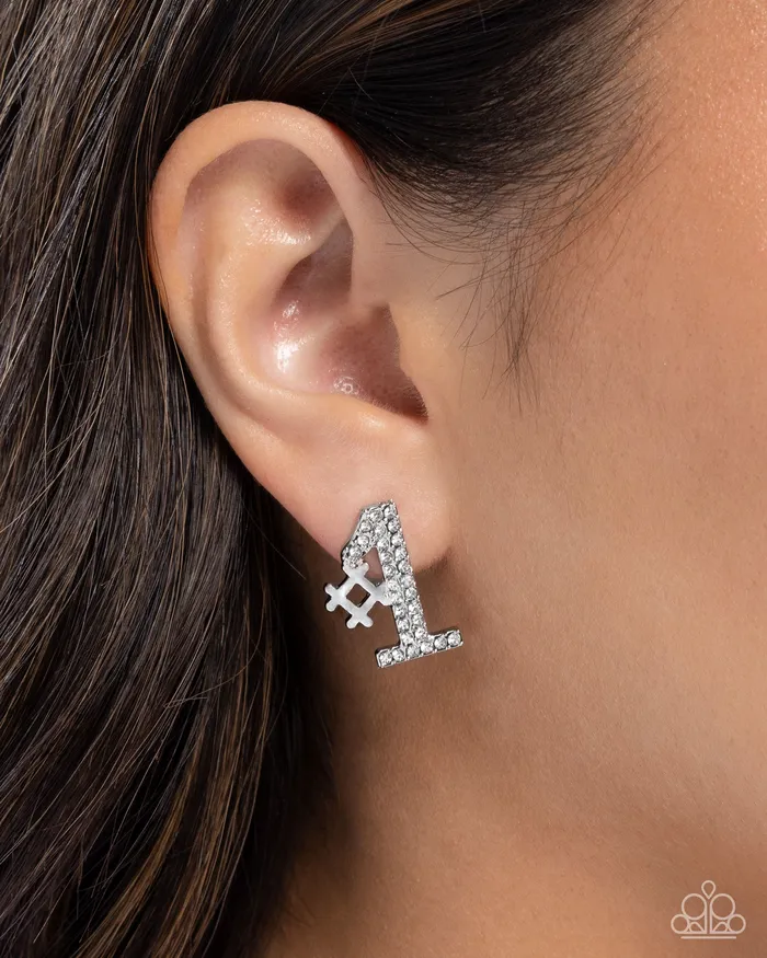 Earrings Paparazzi Accessories Were Number One Youre Number Two White Rhinestone 1 Sports Silver Post Earrings Paparazzi