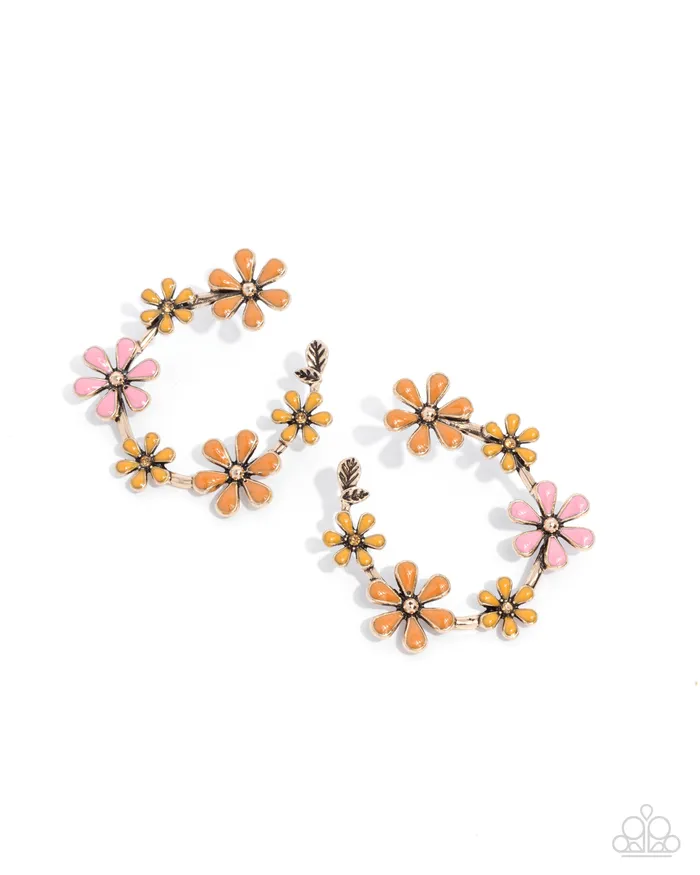 Earrings Paparazzi Accessories Wreathed Welcome Gold Pink Orange Flower Hoop Earrings Paparazzi Earrings Paparazzi Accessories Wreathed Welcome Gold Pink Orange Flower Hoop Earrings Paparazzi