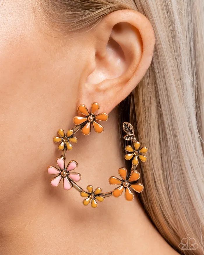 Earrings Paparazzi Accessories Wreathed Welcome Gold Pink Orange Flower Hoop Earrings Paparazzi
