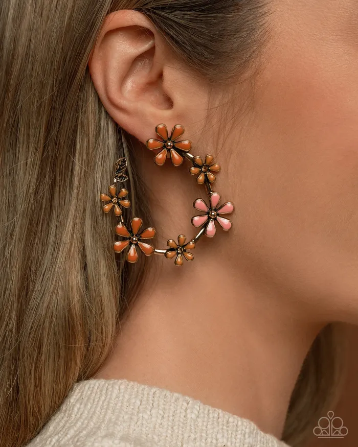 Earrings Paparazzi Accessories Wreathed Welcome Gold Pink Orange Flower Hoop Earrings Paparazzi
