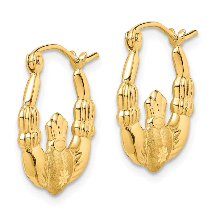 Earrings Qgold 10k Yellow Gold 1644 mm Polished Satin Claddagh Hoop Earrings 119 grams Earrings Qgold 10k Yellow Gold 1644 mm Polished Satin Claddagh Hoop Earrings 119 grams