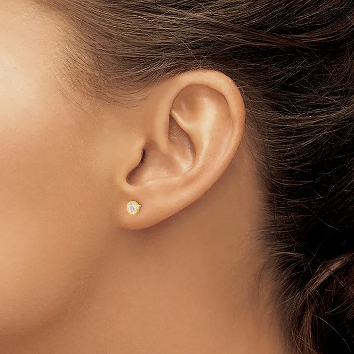 Earrings Qgold 14k Yellow Gold 45 mm Polished Circle Bezel with CZ Post Earrings 042 grams
