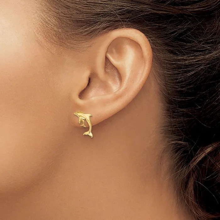 Earrings Qgold 14k Yellow Gold 985 mm Polished Dolphin and Baby Post Earrings 188 grams Earrings Qgold 14k Yellow Gold 985 mm Polished Dolphin and Baby Post Earrings 188 grams