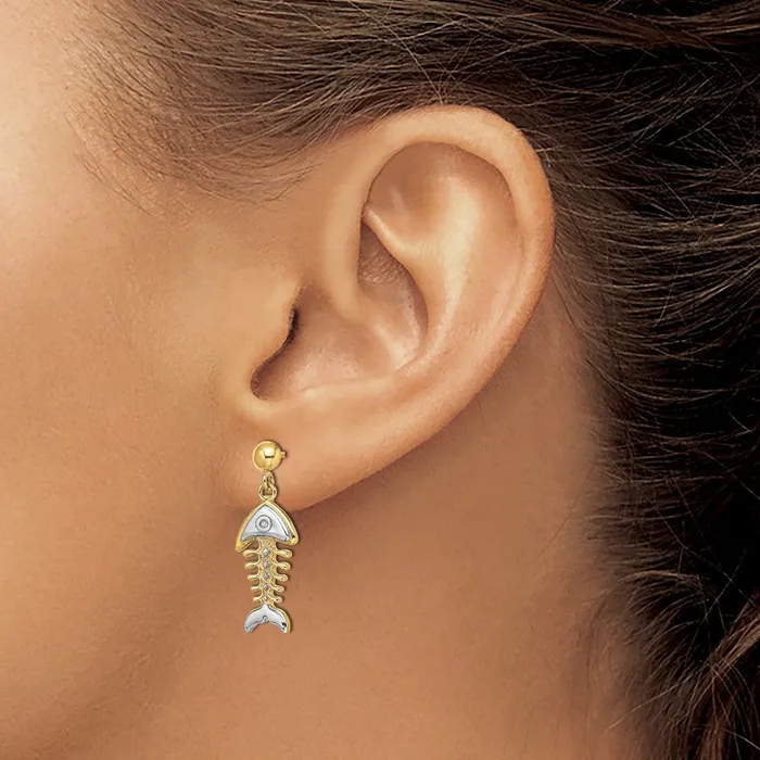 Earrings Qgold 14k Yellow Rhodium 87 mm Fishbone Dangle Earrings 359 grams Earrings Qgold 14k Yellow Rhodium 87 mm Fishbone Dangle Earrings 359 grams