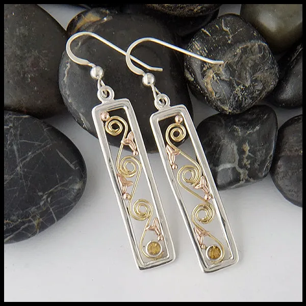 Earrings Walker Metalsmiths Long Drop Earrings in Gold Silver with Citrine