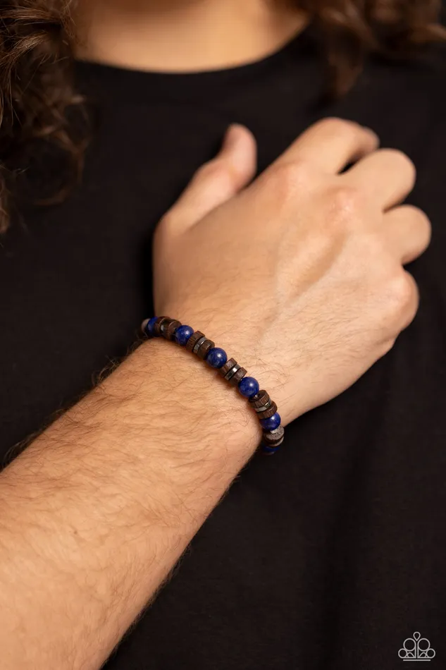 Earthy Empath Blue Stone Brown Wooden and Gunmetal Bead Urban Stretchy Bracelet Paparazzi Paparazzi Accessories Bracelets