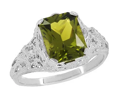 Edwardian Filigree Radiant Cut Olive Green Peridot Ring in Sterling Silver 35 Carats Antique Jewelry Mall Rings Edwardian Filigree Radiant Cut Olive Green Peridot Ring in Sterling Silver 35 Carats Antique Jewelry Mall Rings