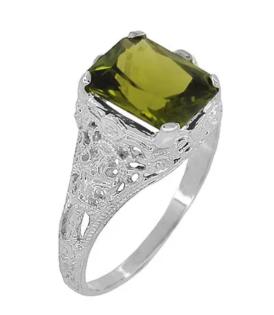 Edwardian Filigree Radiant Cut Olive Green Peridot Ring in Sterling Silver 35 Carats Antique Jewelry Mall Rings Edwardian Filigree Radiant Cut Olive Green Peridot Ring in Sterling Silver 35 Carats Antique Jewelry Mall Rings