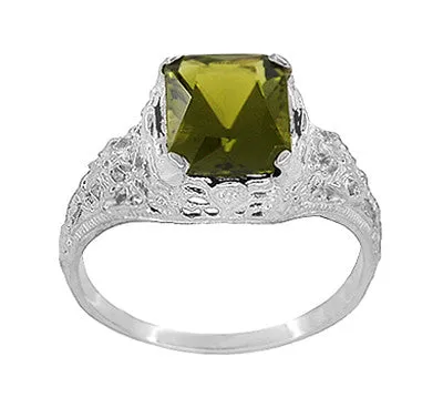 Edwardian Filigree Radiant Cut Olive Green Peridot Ring in Sterling Silver 35 Carats Antique Jewelry Mall Rings Edwardian Filigree Radiant Cut Olive Green Peridot Ring in Sterling Silver 35 Carats Antique Jewelry Mall Rings