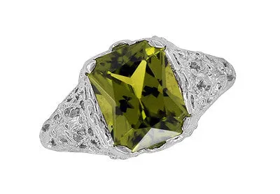 Edwardian Filigree Radiant Cut Olive Green Peridot Ring in Sterling Silver 35 Carats Antique Jewelry Mall Rings Edwardian Filigree Radiant Cut Olive Green Peridot Ring in Sterling Silver 35 Carats Antique Jewelry Mall Rings