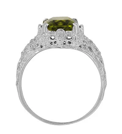 Edwardian Filigree Radiant Cut Olive Green Peridot Ring in Sterling Silver 35 Carats Antique Jewelry Mall Rings Edwardian Filigree Radiant Cut Olive Green Peridot Ring in Sterling Silver 35 Carats Antique Jewelry Mall Rings