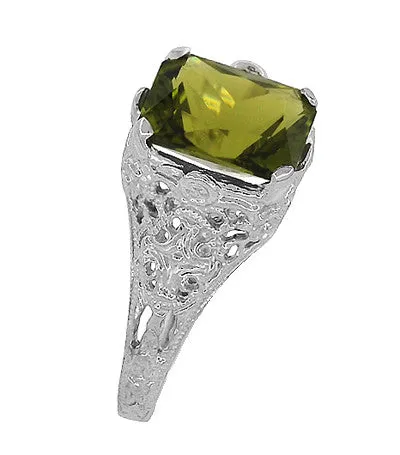 Edwardian Filigree Radiant Cut Olive Green Peridot Ring in Sterling Silver 35 Carats Antique Jewelry Mall Rings Edwardian Filigree Radiant Cut Olive Green Peridot Ring in Sterling Silver 35 Carats Antique Jewelry Mall Rings