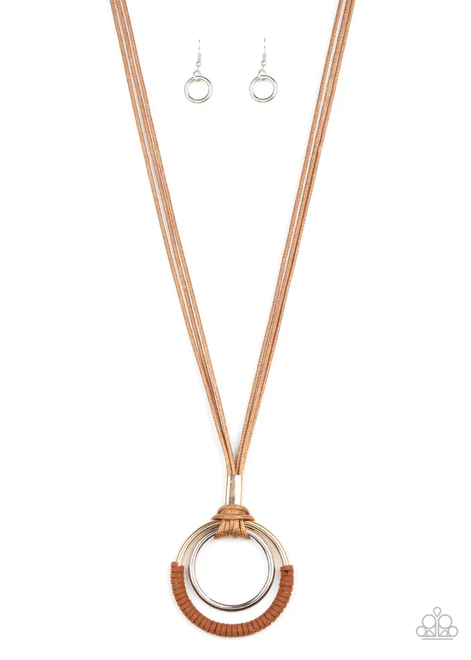 Elliptical Essence Brown Cord Gold and Silver Circle Pendant Necklace Paparazzi Paparazzi Accessories Necklaces Elliptical Essence Brown Cord Gold and Silver Circle Pendant Necklace Paparazzi Paparazzi Accessories Necklaces