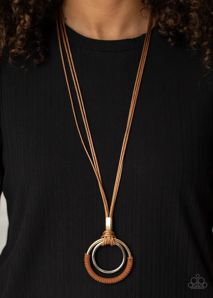 Elliptical Essence Brown Cord Gold and Silver Circle Pendant Necklace Paparazzi Paparazzi Accessories Necklaces