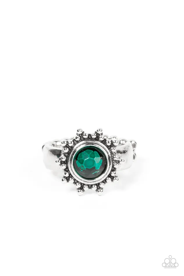 Expect Sunshine and REIGN Green Gem Silver Sunburst Ring Paparazzi Paparazzi Accessories Rings Expect Sunshine and REIGN Green Gem Silver Sunburst Ring Paparazzi Paparazzi Accessories Rings