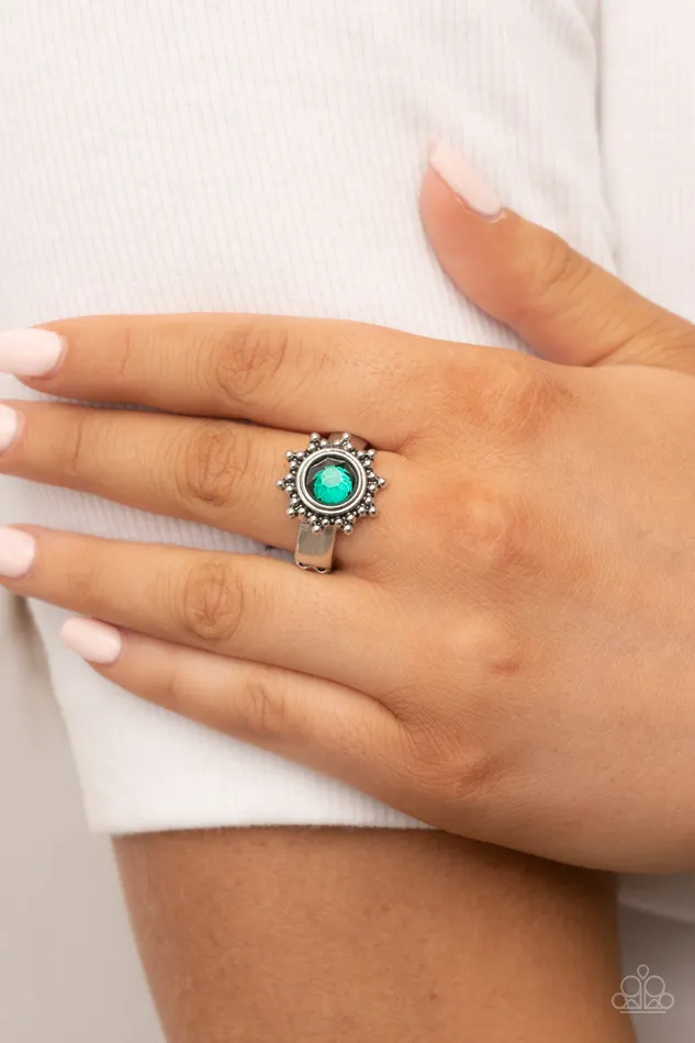 Expect Sunshine and REIGN Green Gem Silver Sunburst Ring Paparazzi Paparazzi Accessories Rings