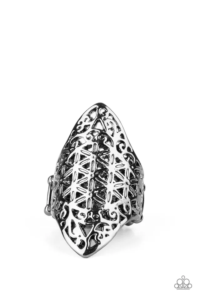 FRILL Ride Black Filigree Gun Metal Ring Paparazzi Paparazzi Accessories Rings