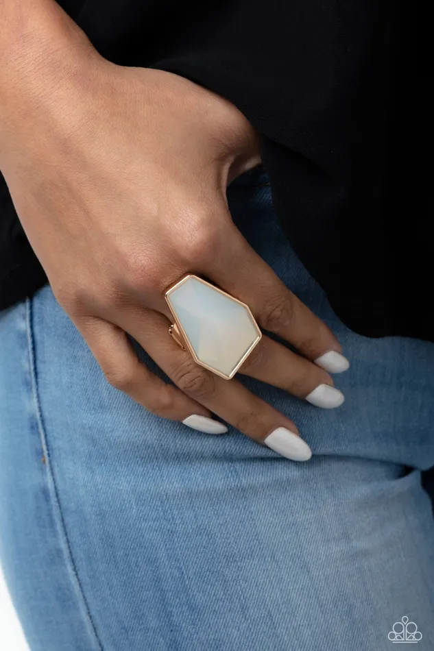 Geotic Glaze Gold Frame White Opalescent Bead Ring Paparazzi Paparazzi Accessories Rings