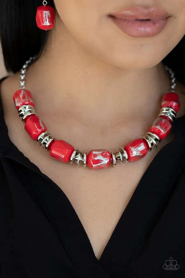 Girl Grit Red Scratched Metallic Large Bead Necklace Paparazzi Paparazzi Accessories Necklaces