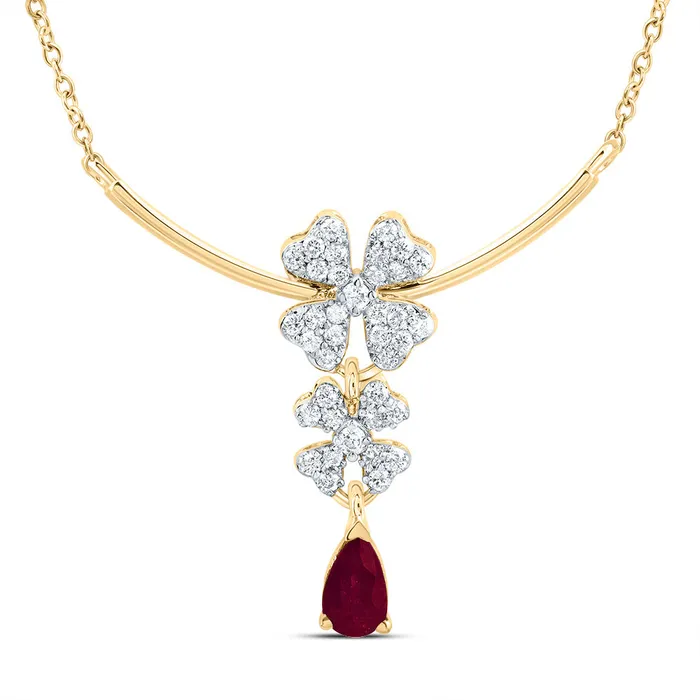 GND Necklaces 14Kt Gold 15CtwDia Cn 6X4Mm PsRuby Nat Gem Fashion Flower Necklace18 Inch