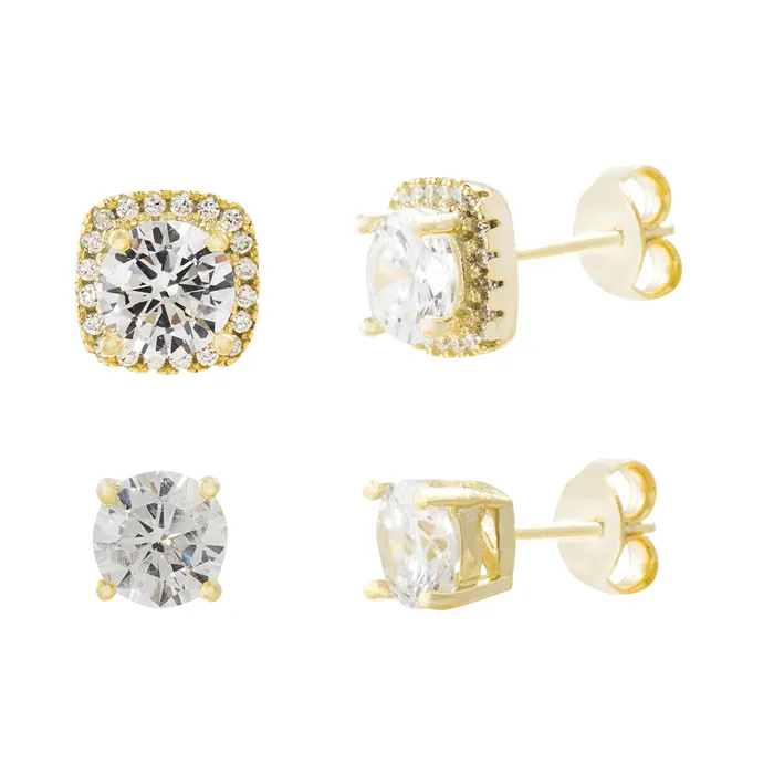Gold CZ Squared Center Duo Ear Set Noblepack CA Earrings