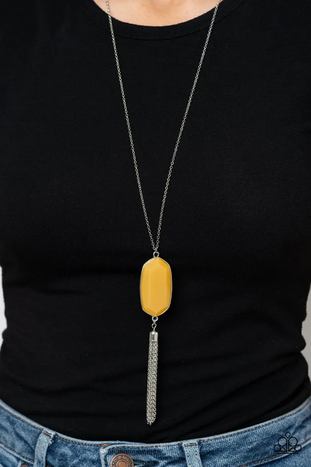 Got A Good Thing GLOWING Yellow Acrylic Gem Silver Tassel Necklace Paparazzi Paparazzi Accessories Necklaces