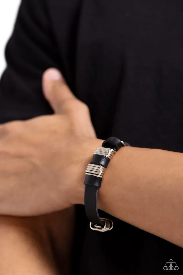 Hardware Hustle Black Leather Silver Wire Urban Wrap Bracelet Paparazzi Paparazzi Accessories Bracelets