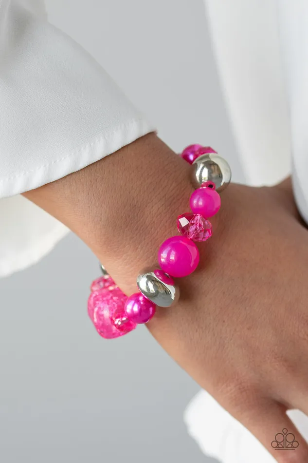 Ice IceBreaker Pink and Silver Chunky Bead Stretchy Bracelet Paparazzi Paparazzi Accessories Bracelets