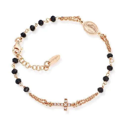 ITALY Bracelets Rose Gold Vermeil Studded Cross Rosary Bracelet w Black Zirconias 75 ITALY Bracelets Rose Gold Vermeil Studded Cross Rosary Bracelet w Black Zirconias 75