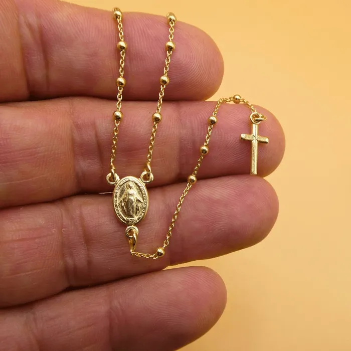 ITALY Necklaces Gold Vermeil Tiny Bead Miraculous Medal Rosary Necklace for young girls 18inch noclasp