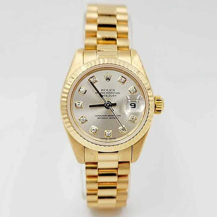 Ladies Rolex 26mm Presidential 18K Yellow Gold Watch with Silver Diamond Dial and Fluted Bezel PreOwned Rolex PreStyled Sets Ladies Rolex 26mm Presidential 18K Yellow Gold Watch with Silver Diamond Dial and Fluted Bezel PreOwned Rolex PreStyled Sets