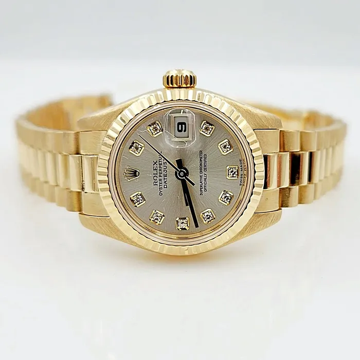 Ladies Rolex 26mm Presidential 18K Yellow Gold Watch with Silver Diamond Dial and Fluted Bezel PreOwned Rolex PreStyled Sets