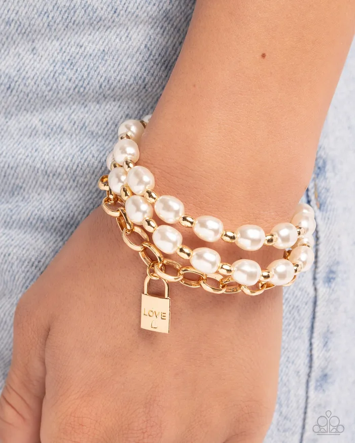 LOVELocked Legacy Gold Locket White Pearl Layered Bracelet Paparazzi Paparazzi Accessories Bracelets