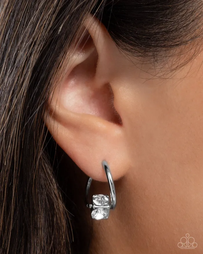 Luminescent Lighthouse White Rhinestone Silver Hinge Hoop Earrings Paparazzi Paparazzi Accessories Earrings